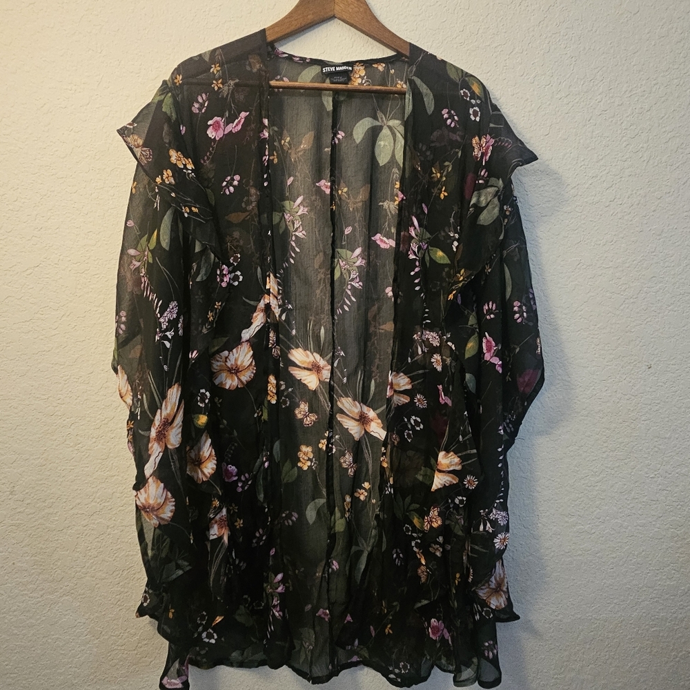 Steve‎ Madden Womens Shawl OSFM Black Olive Green Peach Floral Boho Sheer